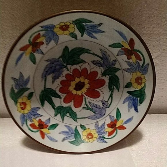VTG Asian Brass and Ceramic Bowl 7" White with Floral, many different colors. - Picture 3 of 8
